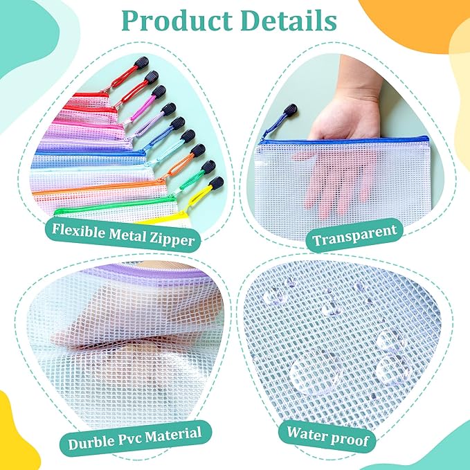 24pcs Mesh Zipper Pouch Bags Small, A5 9.4x7.1 Inches, 8 Colors Zipper Pouches for Classroom, Organizing Bags for Home, Office and Puzzle storage