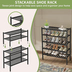 3 Tier Bamboo Shoe Rack for Closet Free Standing Wood Shoe Shelf Storage Organizer for Entryway Small Space Stackable 27"x11"x20" (Black)
