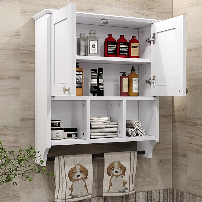 Bathroom Medicine Cabinet, Bathroom Cabinet Wall Mounted Over-The-Toilet with Towel Bar, 2 Doors & 3 Open Shelves, White