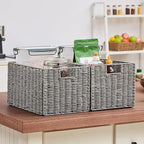 Vagusicc Wicker Storage Basket, Set of 2 Hand-Woven Paper Rope Wicker Basket, Small Storage Baskets for Organizing Toilet Paper Basket, Foldable Large Cube Storage Organizer Bins for Shelves (Grey)