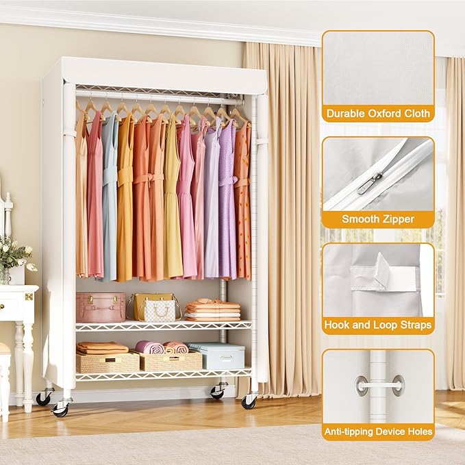 P6C Rolling Clothes Rack with Cover, Covered Clothing Racks Heavy Duty, Portable Closet for Hanging Clothes, Garment Racks on Wheels, White Closet Rack with White Cover, Max Load 365LBS