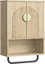 Bathroom Wall Cabinet, Medicine Cabinet for Bathroom, Wall Mounted Bathroom Cabinet with Towel Bar, Fluted Doors, Wall Cabinet for Bathroom, Kitchen, Living Room, Natural Oak and Gold