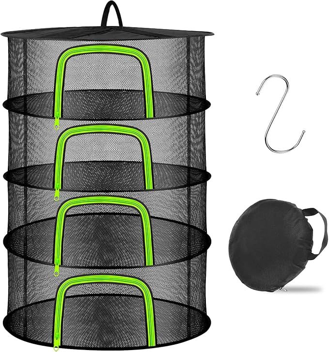 Coopache 4 Layer Herb Drying Rack Hanging Mesh Plant Dry Net Basket for Herbs Plants Flower Vegetables Spices Fish Food with Green Zippers