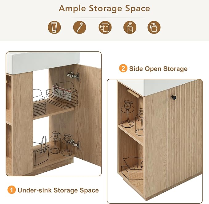 21.6" Small Fluted Bathroom Vanity with Sink,Soft Closing Doors and Storage Shelves,Natural Wood Single Bathroom Sink Cabinet Combo Freestanding, Natural Wood