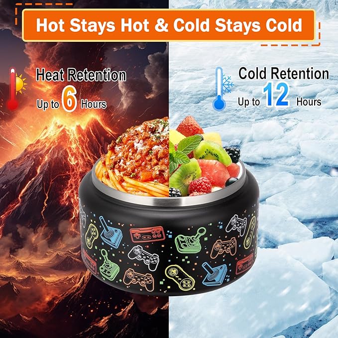 13.5oz Kids Soup Jar for Hot Food Vacuum Insulated Food Jar with Buckle Lid, Stainless Steel Wide Mouth Leak Proof Lunch Container for School Picnic Travel (Game Black)