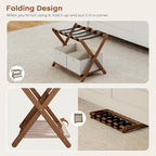 Fully Assembled Walnut Luggage Racks Set of 2 with 4 Storage Boxes, 26.77" Bamboo Luggage Rack Stand for Guest Room, 5 Nylon Straps, Folding Suitcase Stand with Storage Shelf for Bedroom Hotel