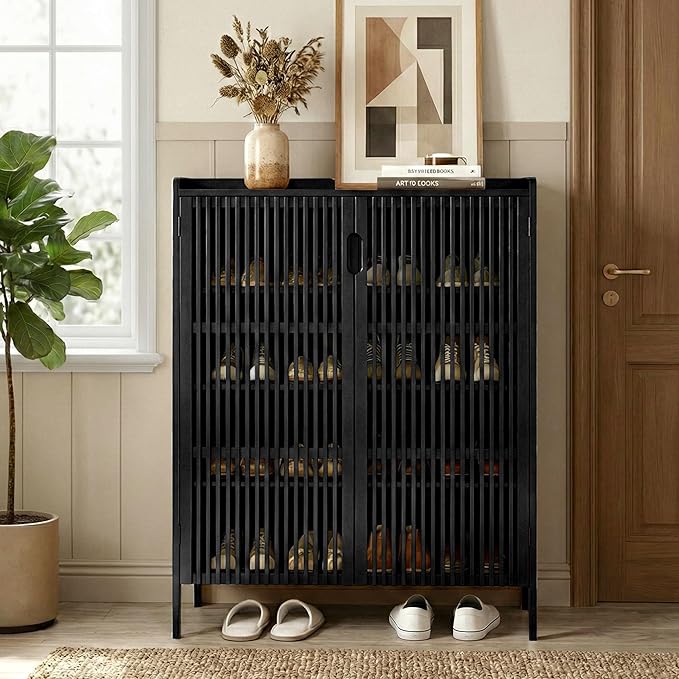 Shoe Cabinet with Doors Bamboo 5 Tiers Shoe Storage Cabinet for Entryway, 25 Pairs Wooden Shoe Cabinets, Modern Shoe Organizer Storage for Living Room, Bedroom, Hallway, Closet Black