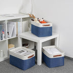 DULLEMELO Fabric Storage Basket for Closets,15x11x9.5 inch Foldable Storage Basket Bin with Handles for Office, Closet,Bedroom (White&Blue,1 Pack)