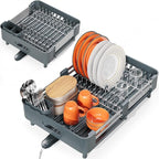 Stainless Steel Dish Drying Rack - Dish Drainer for Kitchen Counter, Extendable Drainboard with Foldable, Space-Saving Cup & Bowl Organizer, Includes Knife and Utensil Holder, Matte-Green