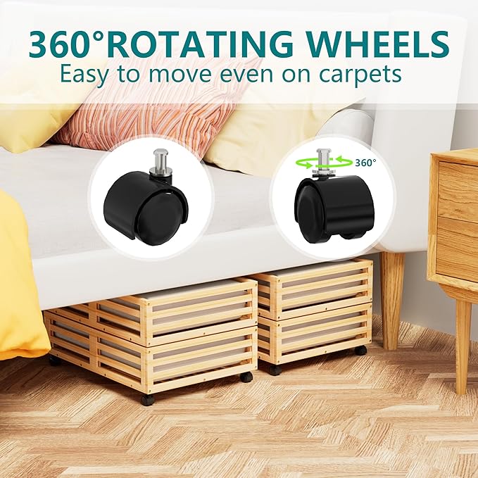 Wisuce Bamboo Under Bed Storage Containers- Underbed Organizer with Wheels with Large Dust Bag,Sturdy Wood Rolling Under the Bed Shoe Storage Organizer Drawer 2 Packs (Nature, Small)