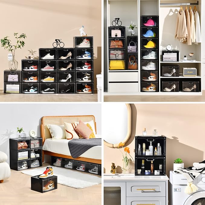 8 Pack Shoe Boxes Black Plastic Stackable, Large Shoe Storage Organizer,Drop Side Front Shoe Containers for Entryway,Sneaker Storage Fit up to US Size 13 for Men/Women(13’’x 10.6”x 8.3”)