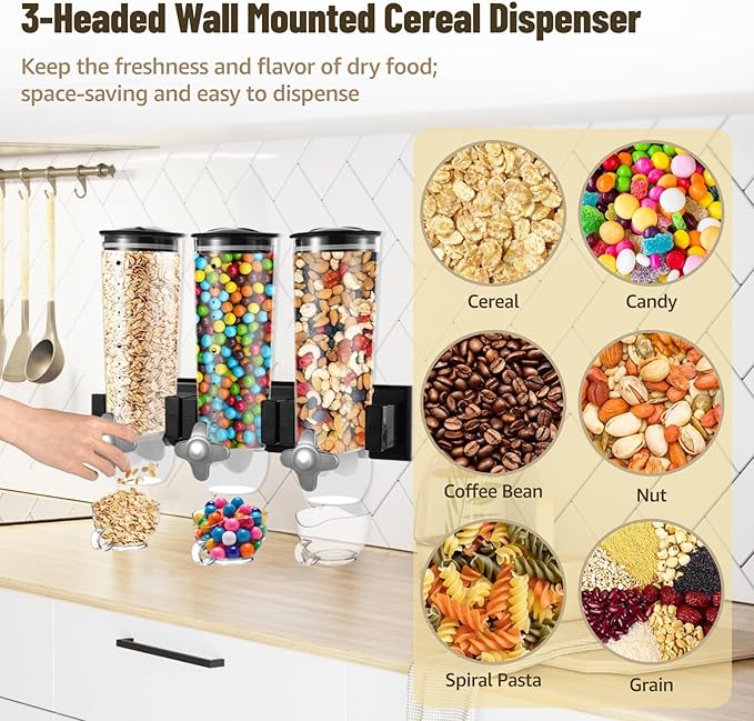 Dual-Headed Wall-Mounted Cereal Dispenser, 4.5L Large Capacity Dry Food Dispenser, Wall Mounting Candy Dispenser, Clear Wall Grain Dispensing Canister, Kitchen Dispenser for Coffee Beans, Nuts, Snacks