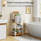HOOBRO Free Standing Towel Rack, Blanket Rack with 3 Towel Bars, Storage Basket and Shelf, Towel Holder with Hook, Blanket Organizer, for Bathroom and Laundry, White and Natural WN13LB01