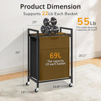 Laundry Hamper with Shelf, Laundry Basket with 1 Pull-Out Removable Bags, 1 x 18.3 Gallons(69L), Metal Frame, Lockable Wheels, for Laundry Room and Bedroom