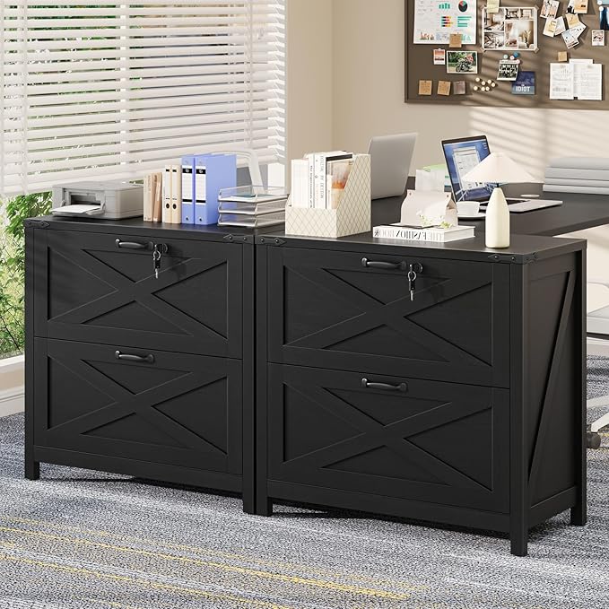 Lateral File Cabinet with 2 Large Drawers, Farmhouse File Cabinet with Lock for Letter/Legal/A4 Size Hanging Files, Wood File Storage Cabinets Printer Stand for Home Office Cabinets, Rustic Black