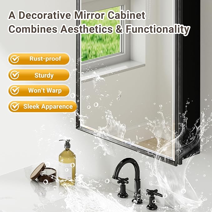 20x26 Pre-Assembled Black Medicine Cabinet with Mirror, Surface or Recessed Medicine Cabinet Mirror for Bathroom, Aluminum Beveled Frame Bathroom Vanity Mirror with Adjustable Shelves Storage