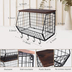 Fruit Bowl, Stackable Wall Mounted Fruit Basket of Smooth Wood Lid with 4 Banana Hanger Hooks, Metal Kitchen Counter Organizer for Snack, Fruit and Vegetable Storage, 11.8 * 7.9 * 8.5 Inches