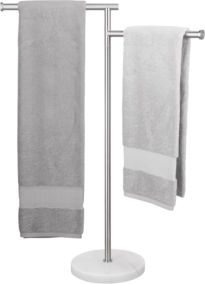 KES Standing Towel Racks for Bathroom Floor, Freestanding Swivel Standing 2 Arms Bath Towel Racks with Weighted Marble Base, SUS304 Stainless Steel Brushed Finish, BTH219S2-2