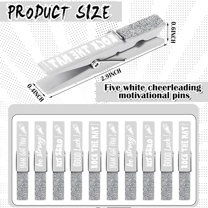 Kigeli 30 Pcs Spirit Clips Cheer Pins Cheerleader Gifts Clothes Pins for Backpacks Competition Glittered for Team Cheer Gifts Stuff Supplies Party Favors Accessories Bulk(Silver,Shiny)
