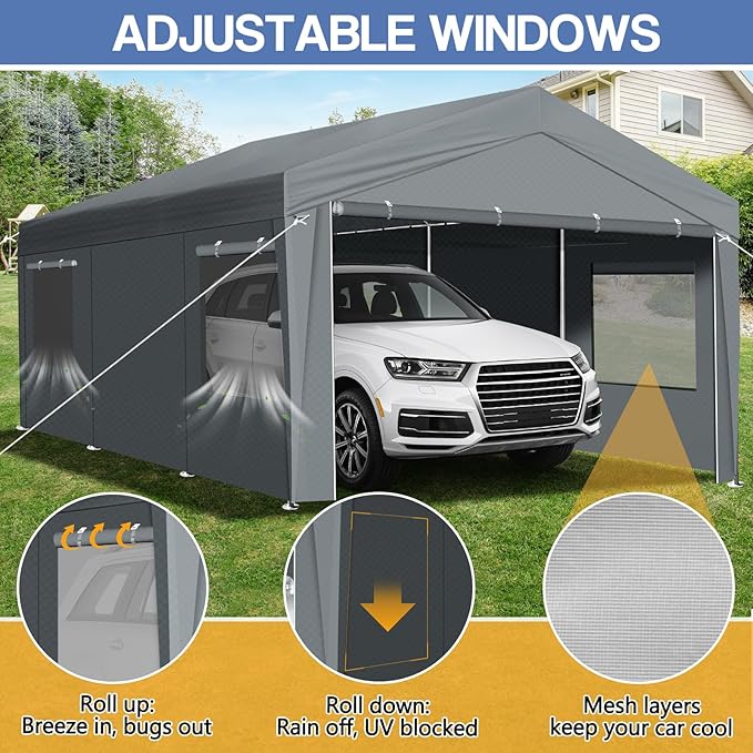 VINGLI 12x20 Carport with Galvanized Steel Frame, Portable Garage with 2 Roll-up Windows & Doors, Removable Sidewalls on Heavy Duty Carport Tents for Cars, Boats, Trucks, Dark Gray