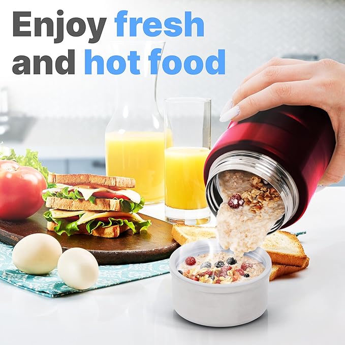 Earth&ME Stainless Steel Thermo For Hot Food 17OZ with Folding Spoon, Vacuum Insulated Food Container, Soup Thermo with Wide Mouth, Insulated Food Jar for Hot & Cold Food, Red