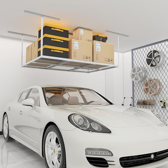 4x6ft Overhead Garage Storage Rack, Heavy Duty Metal Ceiling Shelf, 22'' to 40" Adjustable Dropdown, 450lbs Loading Weight Capacity, White