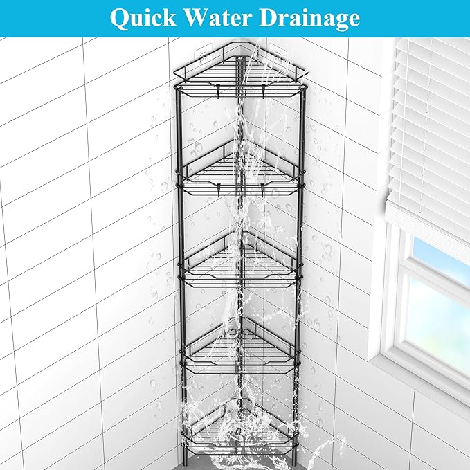 5 Tier Floor Standing Corner Shower Caddy Organizer Shelf with Hooks, Bathroom Shelves Stand Rack, Black