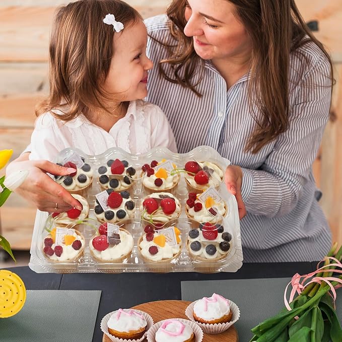 12 Count x 6 Sets Plastic Cupcake Containers, Durable and BPA-Free Cupcake Holder with Lid for Easy Transport Storage, Stackable Clear Cupcake Carriers, Reusable Dessert Boxes