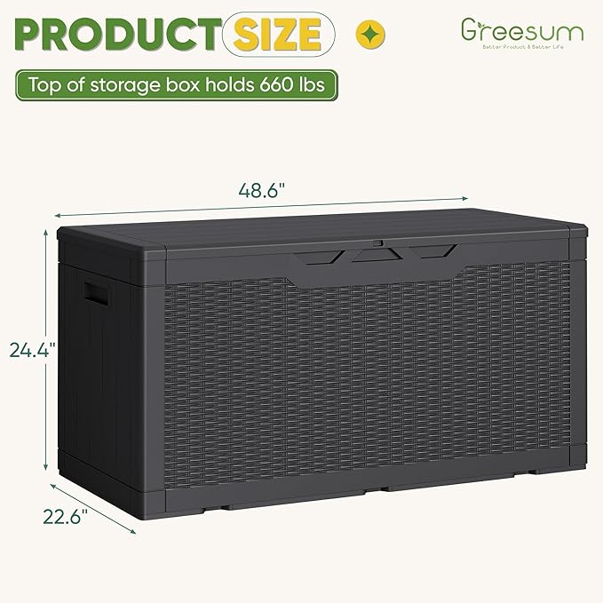 Greesum Outdoor Storage Box 100 Gallon Storage Bin with Lid for Patio Furniture, Garden Tools, Pool Supplies, Lockable, Waterproof and UV Resistant, Black