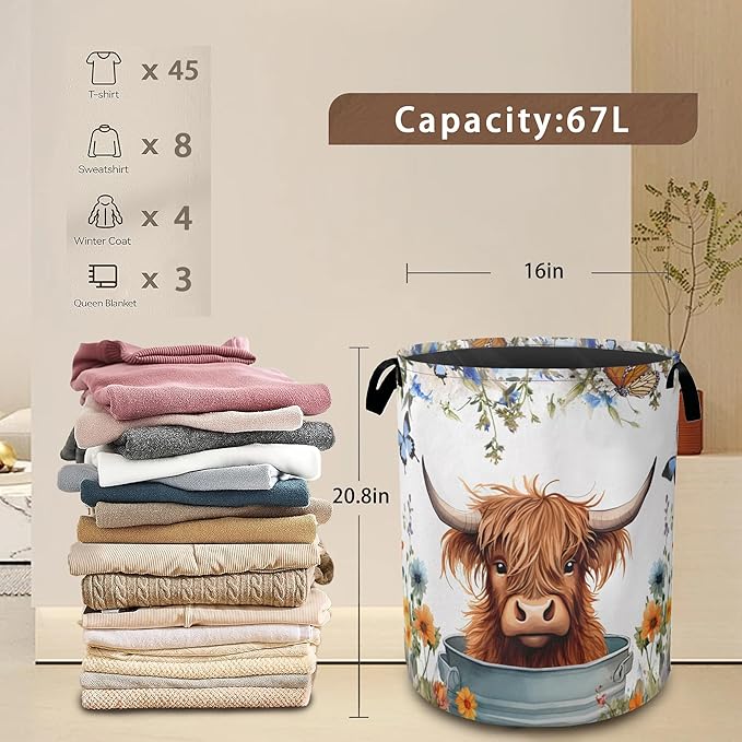 Highland Cow Laundry Hamper,Collapsible Laundry Baskets,Butterfly Flowers Dirty Clothes Baskets with Handles,Oxford Cloth Hamper for Bedroom,Bathroom,College Dorms, 16"x20"