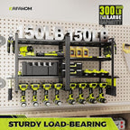 KAFAHOM Power Tool Organizer Wall Mount, 4-Tier Drill Holder for Cordless Tools, 2-Pack Set, Garage Storage Rack with Side Hooks for Hammers & Pliers, Tool Organizer for Workshop/Utility Room