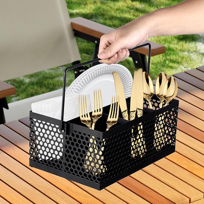 Utensil Caddy With Handle - Silverware and Napkin Holder for Party, Picnic, Countertop, Camping - Metal Cutlery Organizer in Black