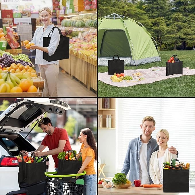 JERIA Black Reusable Totes Bag with Reinforced Handles Non Woven Bulk Shopping Bags