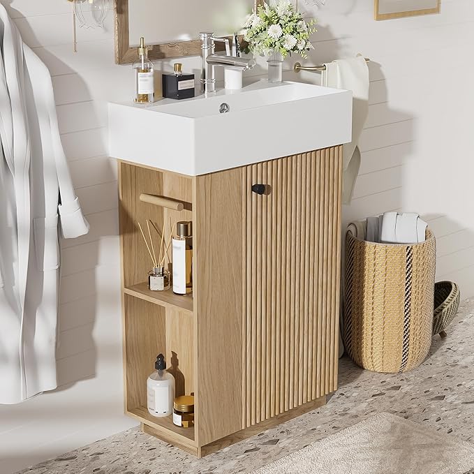 21.6" Small Fluted Bathroom Vanity with Sink,Soft Closing Doors and Storage Shelves,Natural Wood Single Bathroom Sink Cabinet Combo Freestanding, Natural Wood
