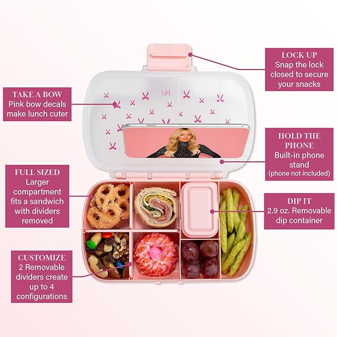 Paris Hilton 2-Pack Bento Style Snack Boxes, 7-Compartment Lunch Containers with Built-In Phone Stand, Removable Dividers and Dip Containers, Pink Bow Print