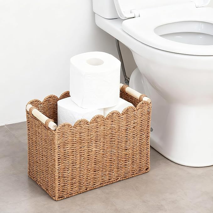 Garvee 2-Pack Scalloped Wicker Baskets for Organizing, Woven Paper Rope Storage Bins with Handles, Toilet Paper Basket Decorative for Countertop, Shelf, Bathroom, Tank Top