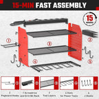 Power Tool Organizer with Charging Station, Heavy Duty 3 Layer Drill Holder Wall Mount Garage Shelf Rack with 6 Outlet Power Strip, Tool Shelf with Hooks, Drill Bit Rack for Garage, Red