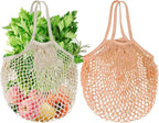 2-Pack Reusable Mesh Grocery Bags, 100% Cotton String, Long Handle Produce Bags, Fruit & Veggie Storage