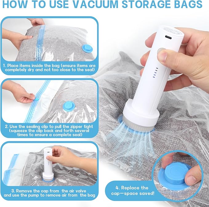 15 Pack Travel Vacuum Bags with Electric Pump，3 Different Sizes of Space Saver Bags,Vacuum Storage Bags Suitable for Clothing, Travel Luggage, Blankets, and Down comforters