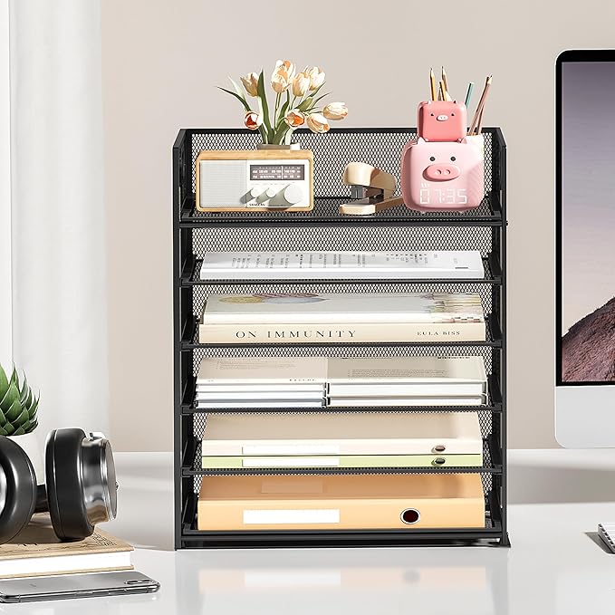 Subekyu 6 Tier Paper File Tray Organizer for Desk, Black Mesh Desk Letter Paper File Folder Accessories Sorter Organizer with Handle, Stackable Slide Tray for Office, Home or School Supplies Storage