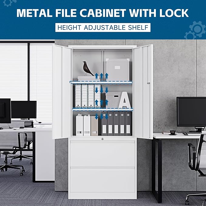 2-Drawer Metal File Cabinet, Lateral Vertical Filing Cabinets for Home Office, Locking File Cabinet with Storage Shelves, Legal/Letter/A4 Size (White, Assemble Required)