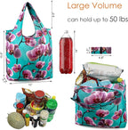 BeeGreen 10 Pack Washable Floral Grocery Bags for Shopping Reusable Tote Bags Extra Large 50LBS Cute Flower Design Foldable Reusable Bags for Women Men Lightweight Durable