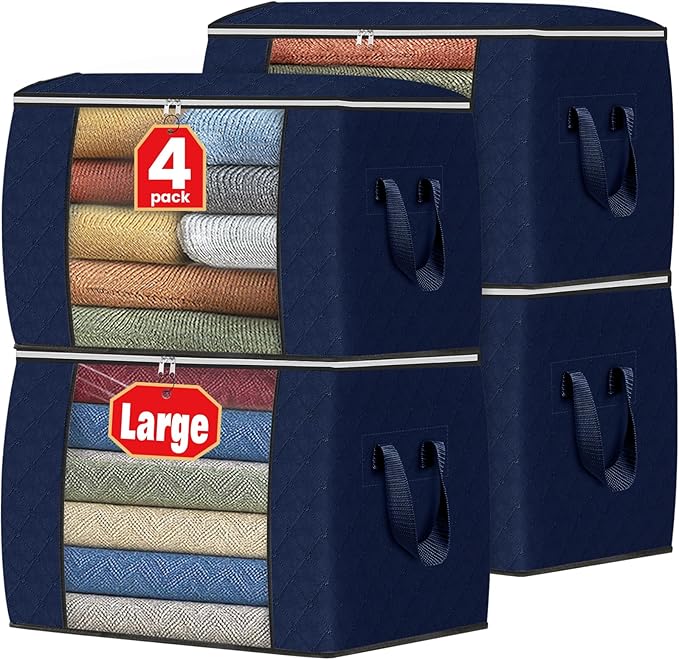 Fab totes 24 Gallons Clothes Storage, Foldable Thick Fabric Blanket Storage Bags, Containers for Organizing Bedroom, Closet, Clothing, Comforter, Organization with Handle (4 Pack,Blue)