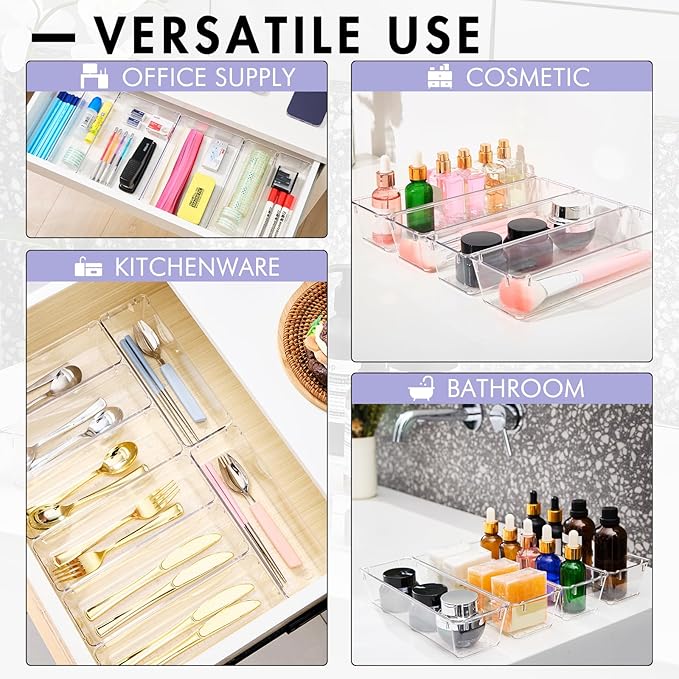 HOUSE DAY Desk Drawer Organizer Bins 8 PCS, 9*3*2" Clear Drawer Organizers with Silicone Pads, Vanity Organizers and Storage, Non Slip Plastic Drawer Organizer for Makeup, Bathroom, Kitchen, Office