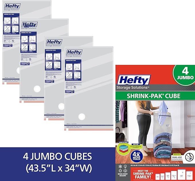 Hefty Shrink-Pak Vacuum Storage Bags – For Clothes, Pillows, Towels, Blankets & More – Space Saver Vacuum Suction Sealer Bags for Home or Travel – 4 Jumbo Cubes, 43.5 x 34 x 18 Inches