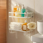 PowerKing Over The Toilet Storage Shelf, 2-Tier Bathroom Organizer Rack with 2 Hooks, No-Drill, Rust-Resistant Steel, Toilet Paper Holder for Restroom Bathroom, White