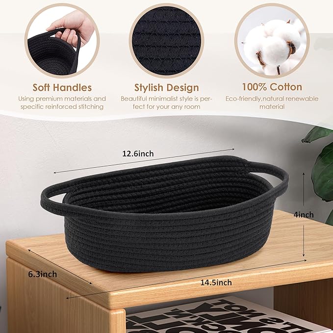 Small Toilet Paper Basket Woven Rope Toilet Tank Tray Back of Washroom Basket Organizer for Bathroom,Shelf Bedroom, Living Room, Nursery, RV. 12.6"L x 6"W,Black