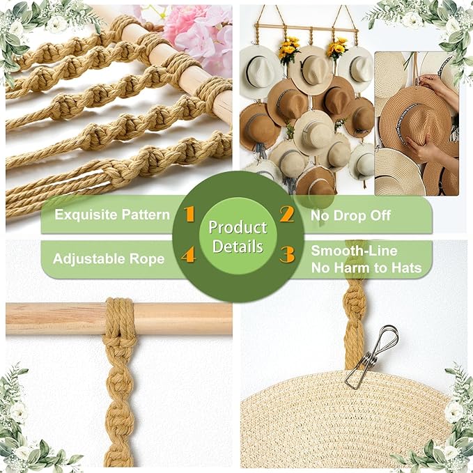 Macrame Hat Organizer Rack for Wall 15 Clips 31x53in Large Fedora Hat Hangers Display for Wide Brimmed Hat Holder Storage Boho Decor for Fedora Sun Straw Panama Closet Bedroom Brown