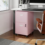 2 Drawer Rolling File Cabinet on Wheels, Mobile Two Drawer Filing Cabinet with Lock, Small Files Cabinets for Under Desk, Metal Filing Cabinets for Letter Size Folders, Pink - Assembly Required