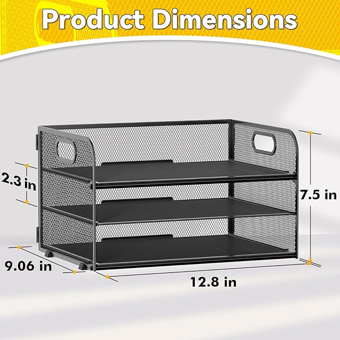 3-Tier Paper Letter Organizer Tray with Handle, Mesh Desk File Organizer for Office, Home, School - 2 Pack, Black